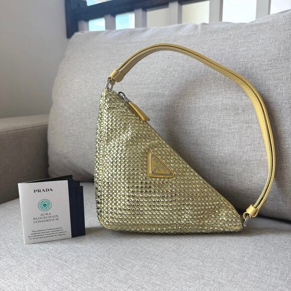 PRADA Triangle Yellow Crystal Handbag Embellished Leather Logo Shoulder Bag - Picture 1 of 9